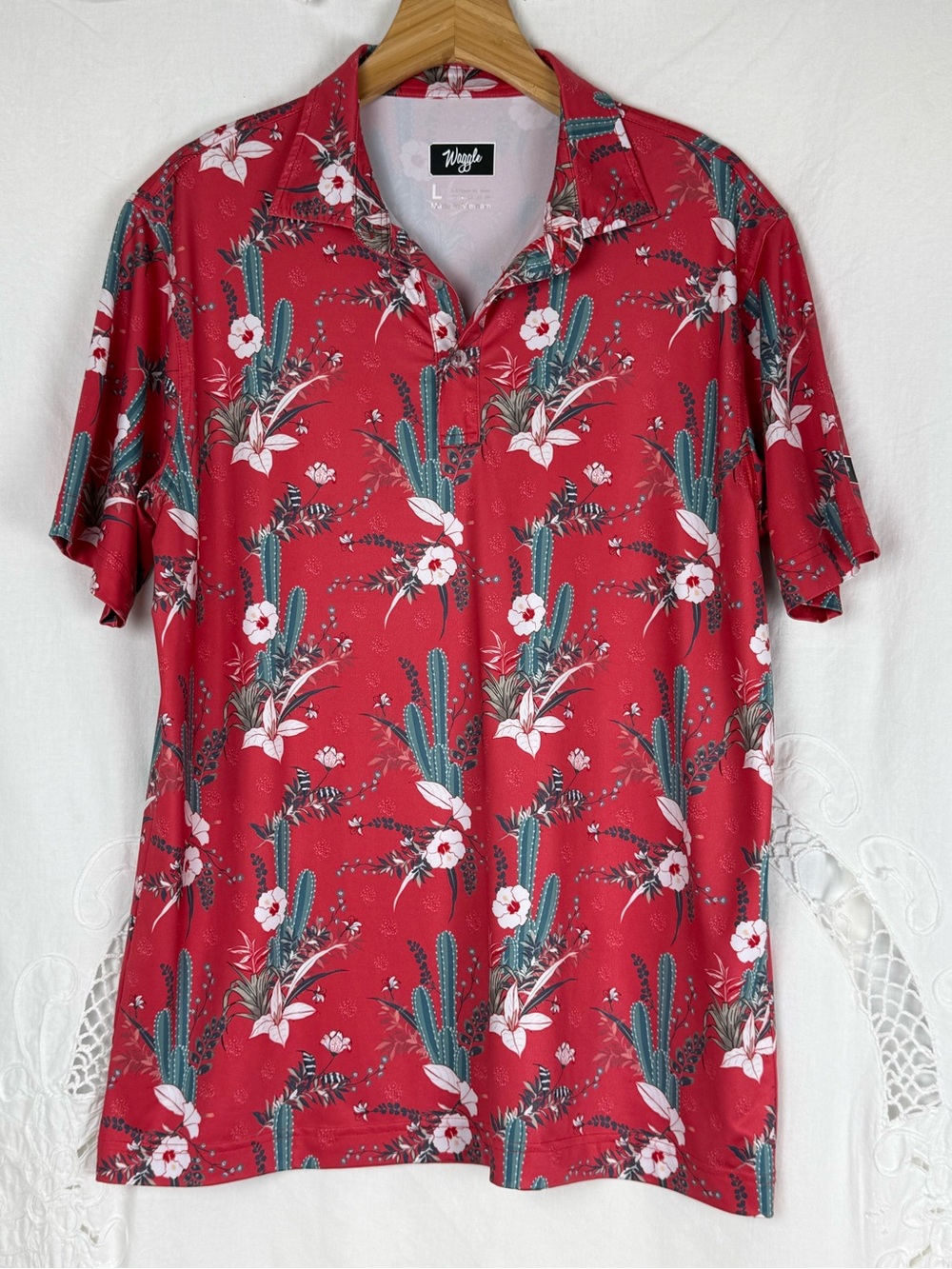 Waggle Golf Polo Shirt Mens Cactus All Over Print Stretch Performance Size Large